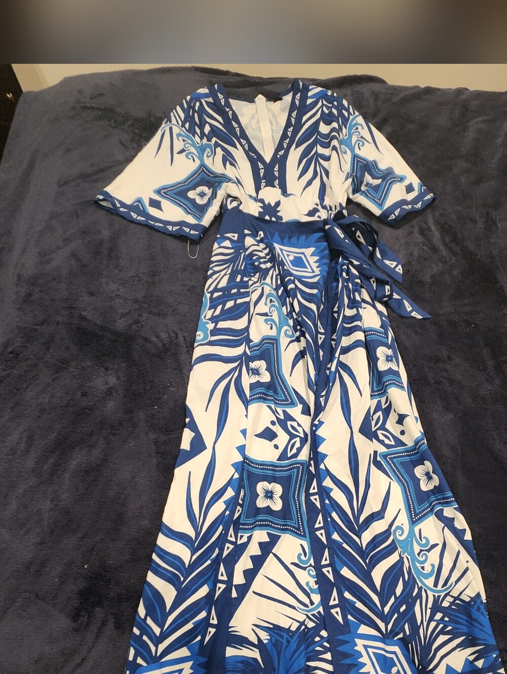 Blue & White Printed Maxi Dress with Waist Tie